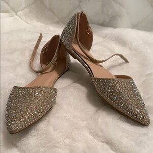 Sparkling Gold Pointed Flats with Ankle Straps